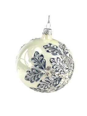 Hand-Painted Ivory Glass Ornament With Silver Glitter & Leaf Design - 10cm Diame